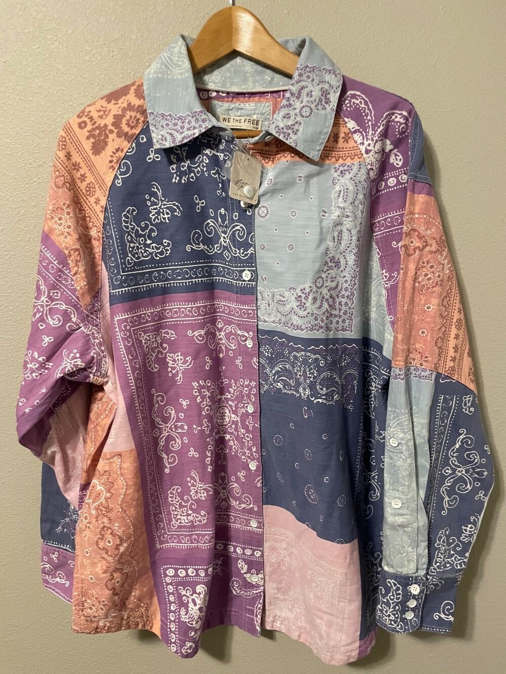 We The Free Backyard Americana Shirt Free People Womens M Paisley Patchwork NEW